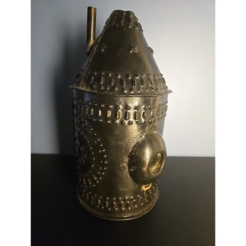 Punched Tin Candle Lantern‎ Side Smoke Stack Double Glass Lenses Bullseye